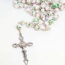 Load image into Gallery viewer, Pink and green Marble-Effect Crystal Rosary with Heart Centerpiece and Blue Pouch