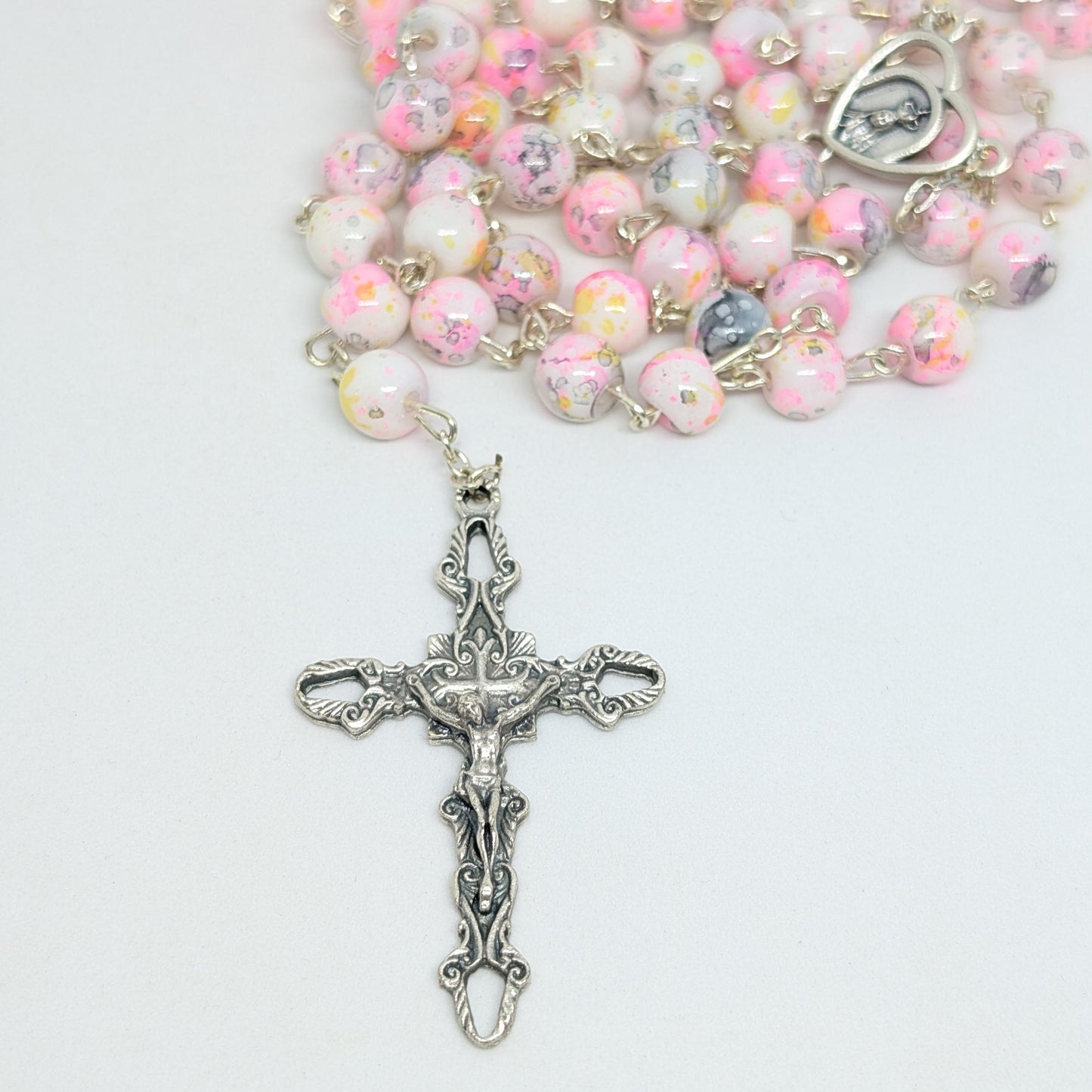 Pink Marble-Effect Crystal Rosary with Heart Centerpiece and Pouch