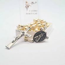 Load image into Gallery viewer, Pearl Rosary with Apparitions of Our Lady of Fatima Medals and Terra of Fatima