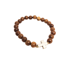 Load image into Gallery viewer, Teak wood Bracelet with Metal Cross