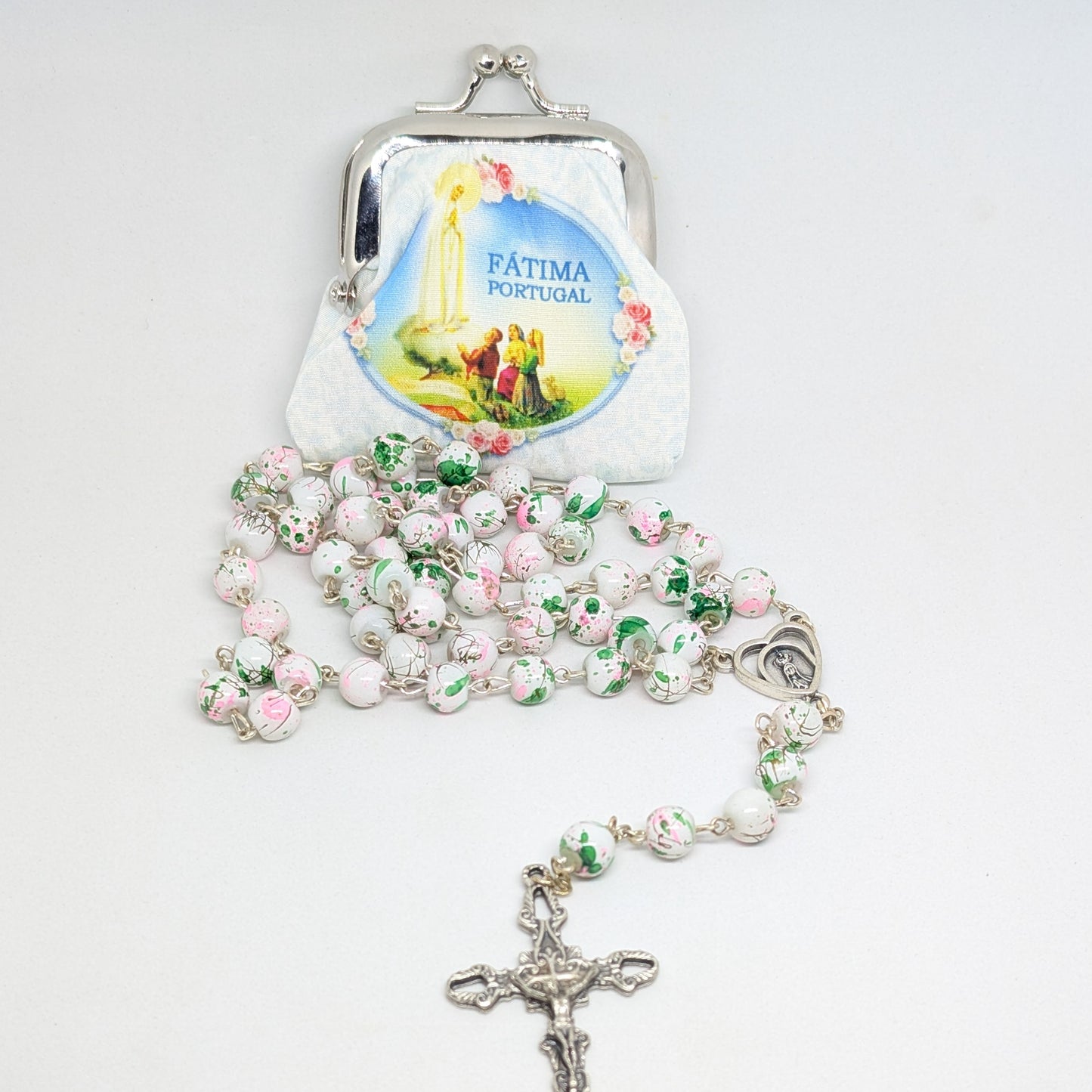 Pink and green Marble-Effect Crystal Rosary with Heart Centerpiece and white Pouch