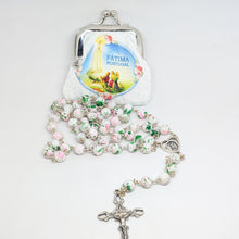 Load image into Gallery viewer, Pink and green Marble-Effect Crystal Rosary with Heart Centerpiece and white Pouch
