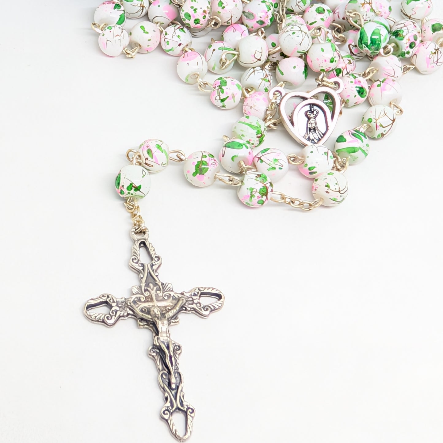 Pink and green Marble-Effect Crystal Rosary with Heart Centerpiece and Blue Pouch