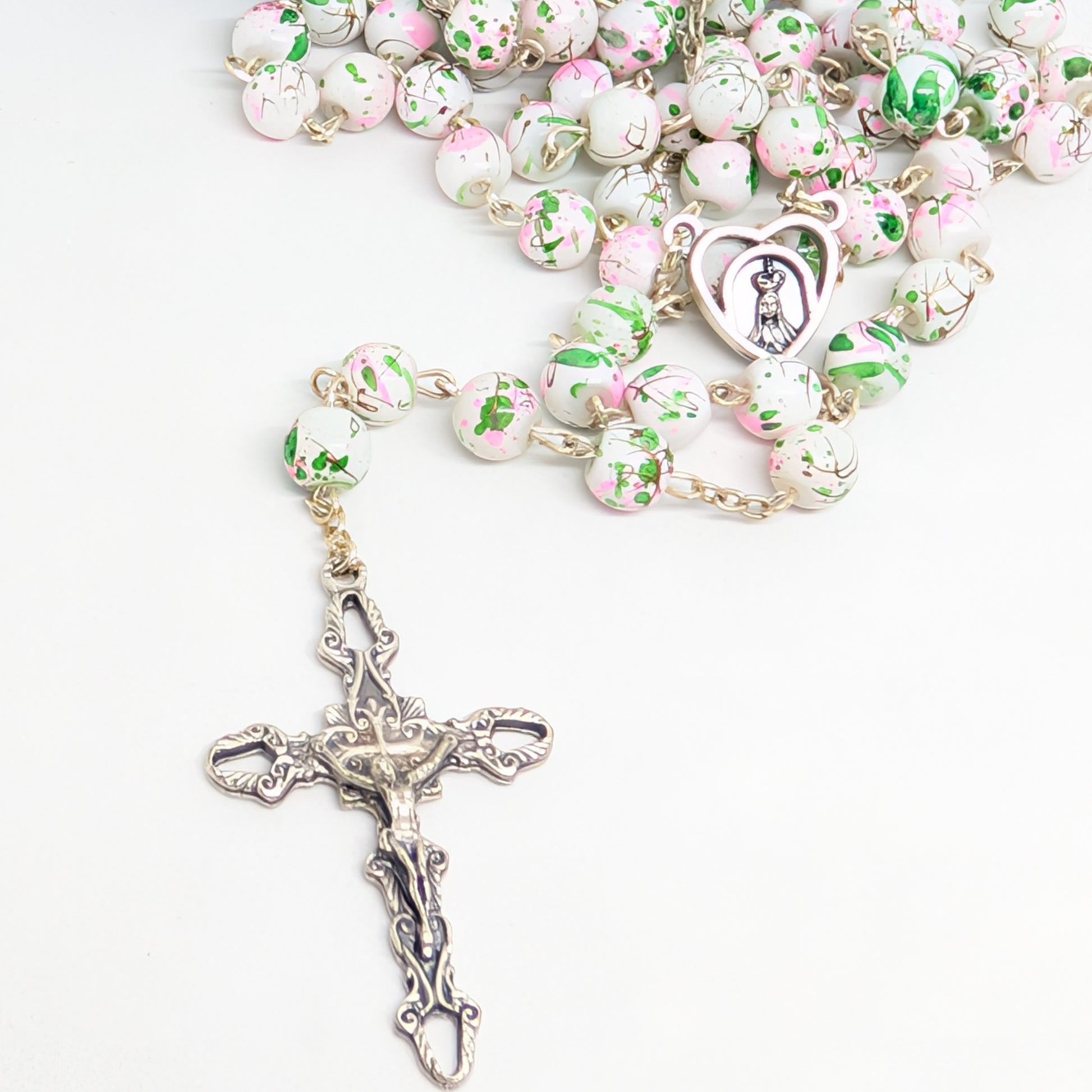 Pink and green Marble-Effect Crystal Rosary with Heart Centerpiece and Blue Pouch