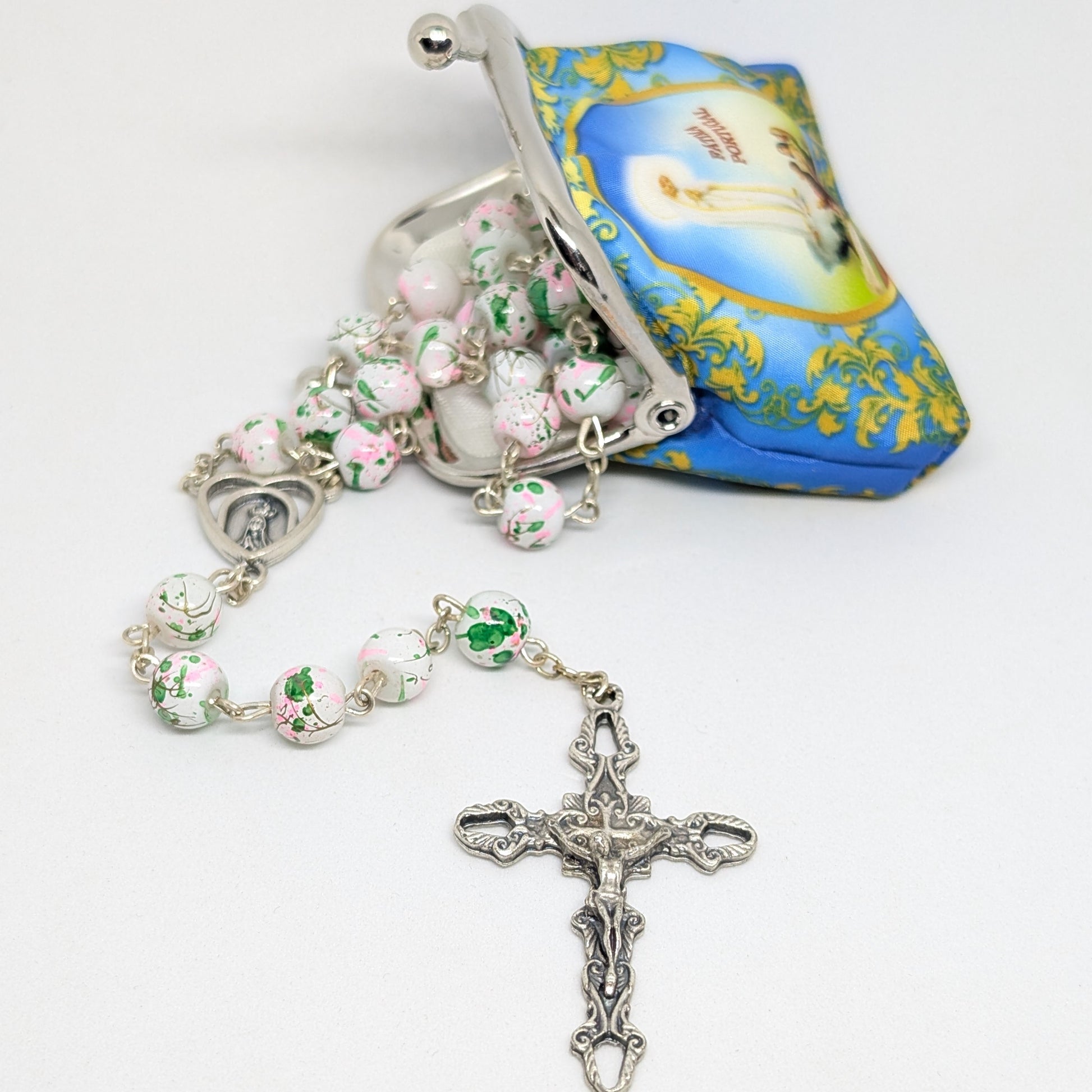 Pink and green Marble-Effect Crystal Rosary with Heart Centerpiece and Blue Pouch