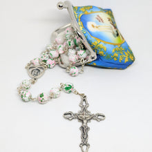 Load image into Gallery viewer, Pink and green Marble-Effect Crystal Rosary with Heart Centerpiece and Blue Pouch
