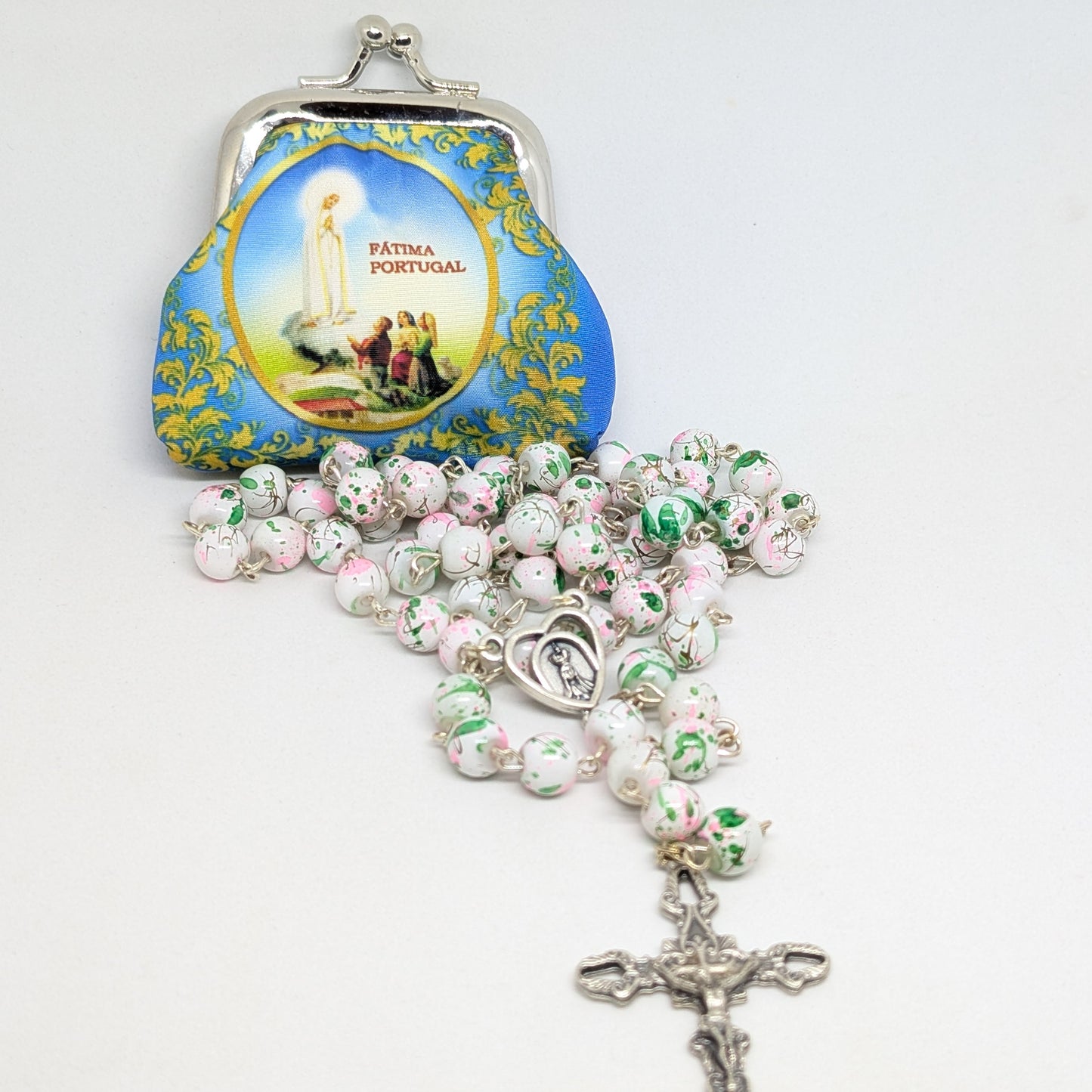 Pink and green Marble-Effect Crystal Rosary with Heart Centerpiece and Blue Pouch