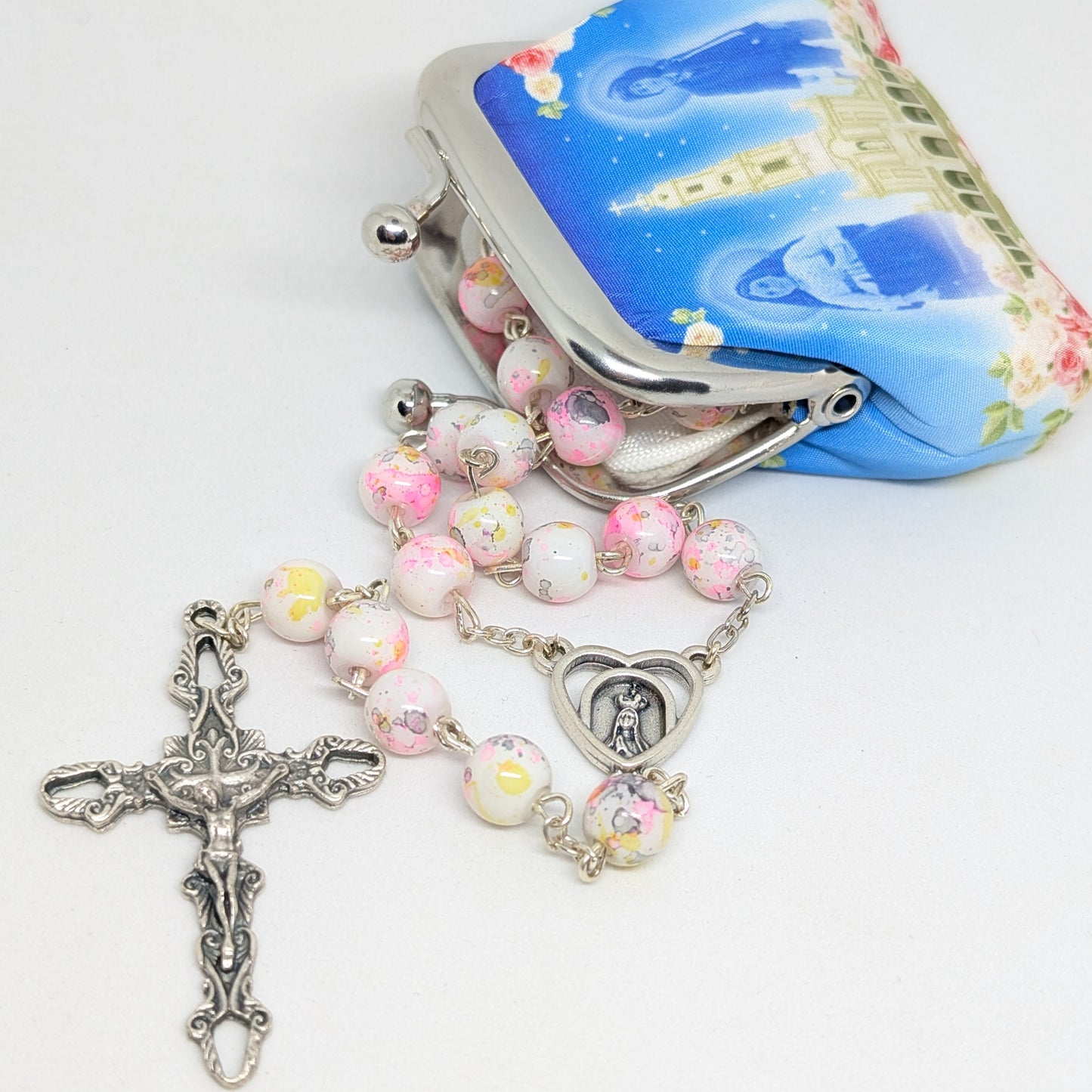 Pink Marble-Effect Crystal Rosary with Heart Centerpiece and Pouch
