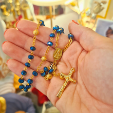 Load image into Gallery viewer, Golden Blue Crystal Rosary with Fatima Apparitions
