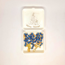Load image into Gallery viewer, Golden Blue Crystal Rosary with Fatima Apparitions
