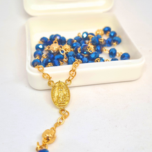 Load image into Gallery viewer, Golden Blue Crystal Rosary with Fatima Apparitions
