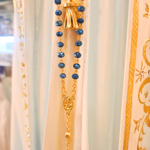 Load image into Gallery viewer, Golden Blue Crystal Rosary with Fatima Apparitions
