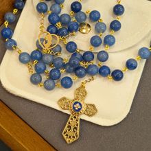 Load image into Gallery viewer, Natural Blue Agate Stone Rosary with Fatima Heart
