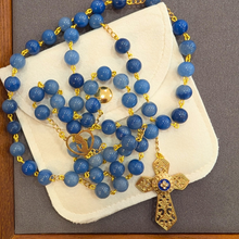 Load image into Gallery viewer, Natural Blue Agate Stone Rosary with Fatima Heart
