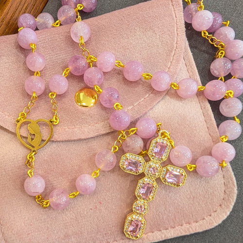 Natural Pink Quartz Stone Rosary with Crystal Cross