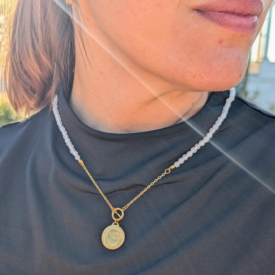 Natural Stone Chain Necklace with Fatima Medal