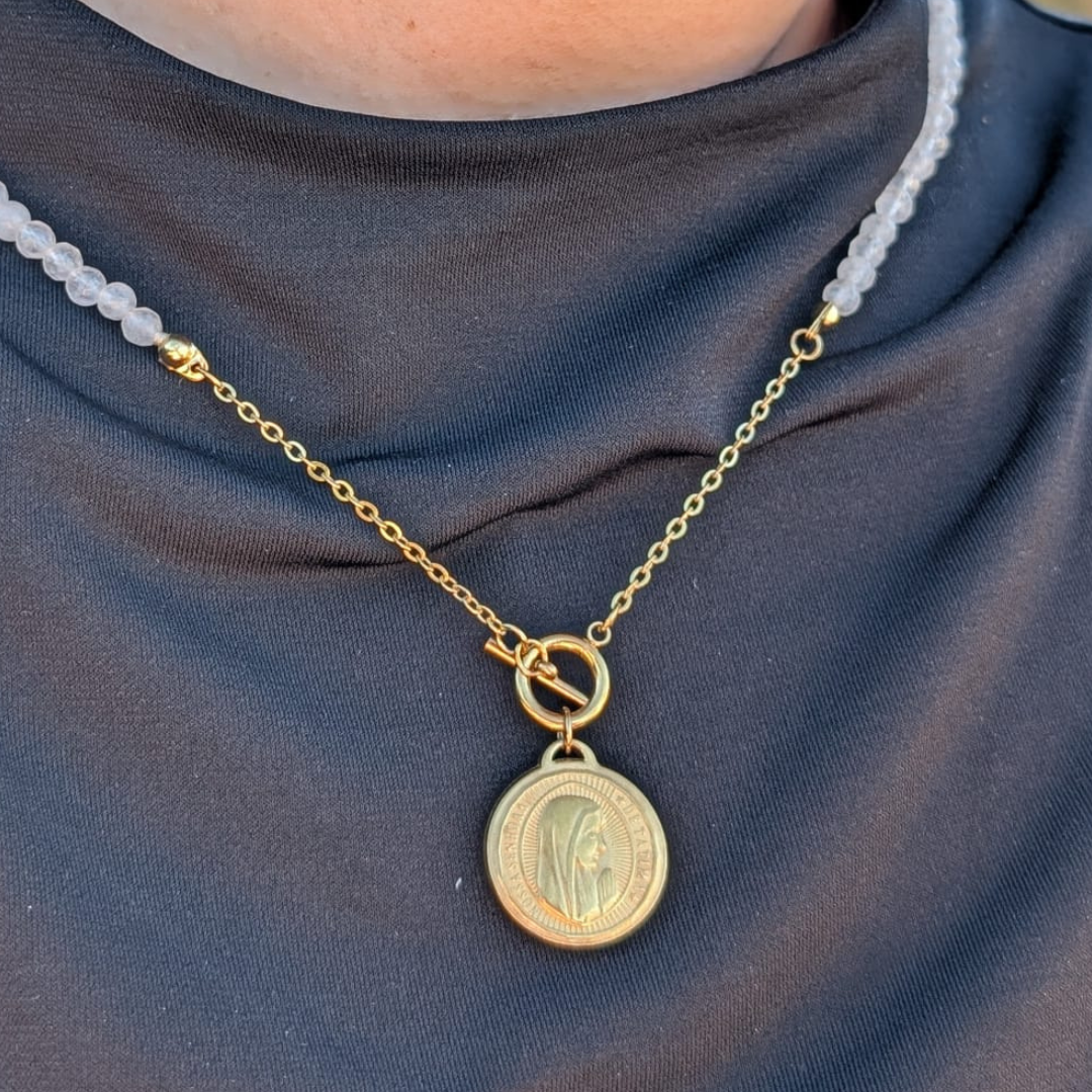 Natural Stone Chain Necklace with Fatima Medal