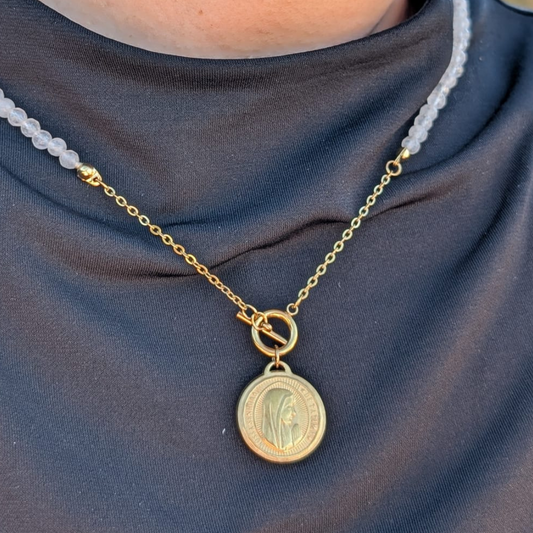 Natural Stone Chain Necklace with Fatima Medal
