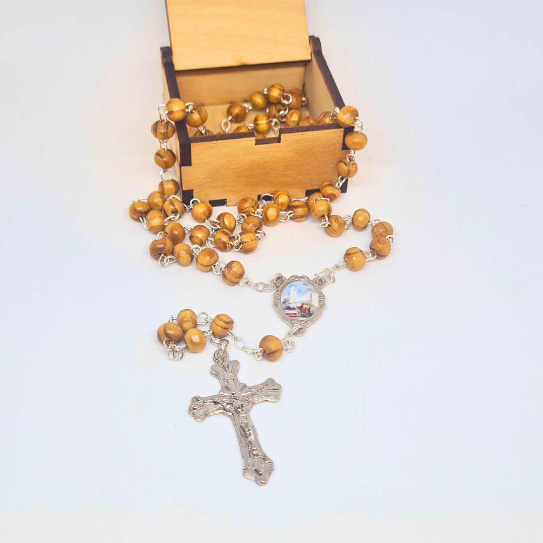Olive Wood Rosary in Fatima Apparitions Wooden Keepsake Box