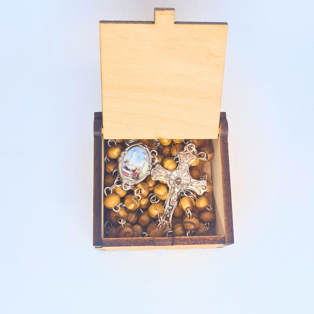 Olive Wood Rosary in Fatima Apparitions Wooden Keepsake Box