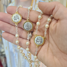 Load image into Gallery viewer, Pearl Rosary with Saint Christopher and Fatima Medals
