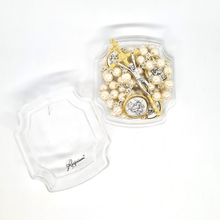 Load image into Gallery viewer, Pearl Rosary with Saint Christopher and Fatima Medals
