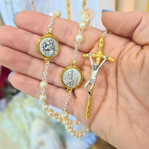 Pearl Rosary with Saint Christopher and Fatima Medals