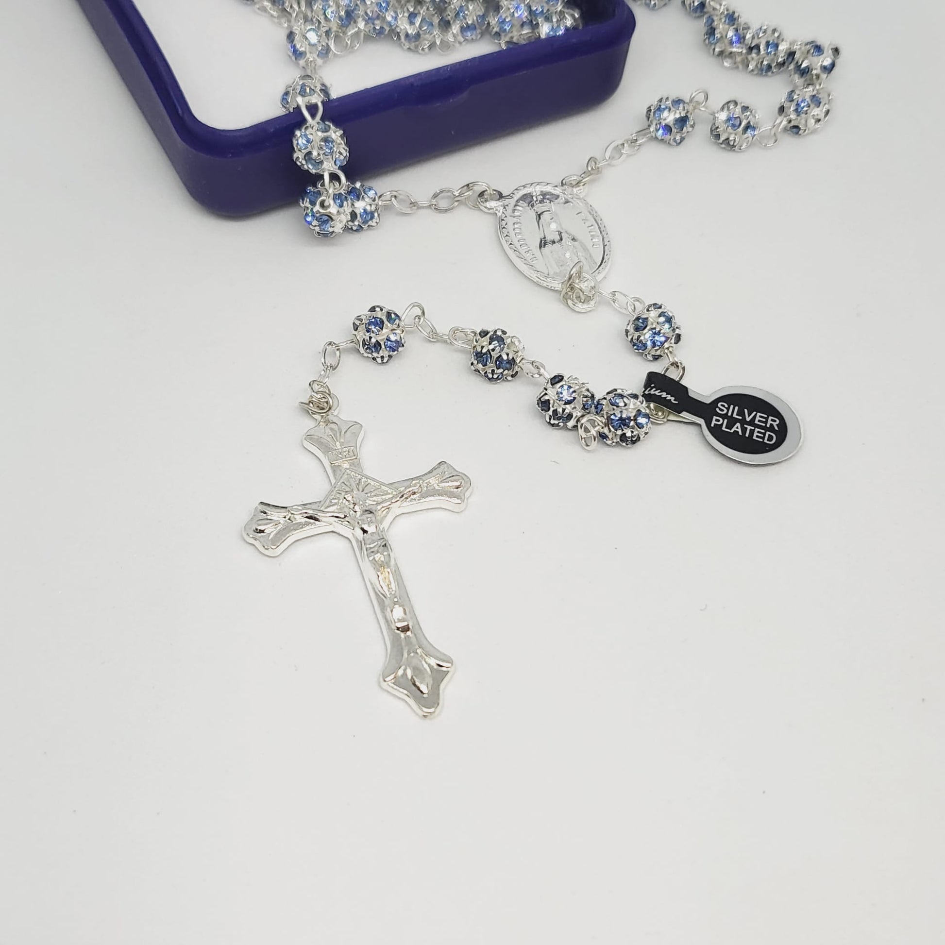 Premium Silver Medal of Fatima Rosary - Blue